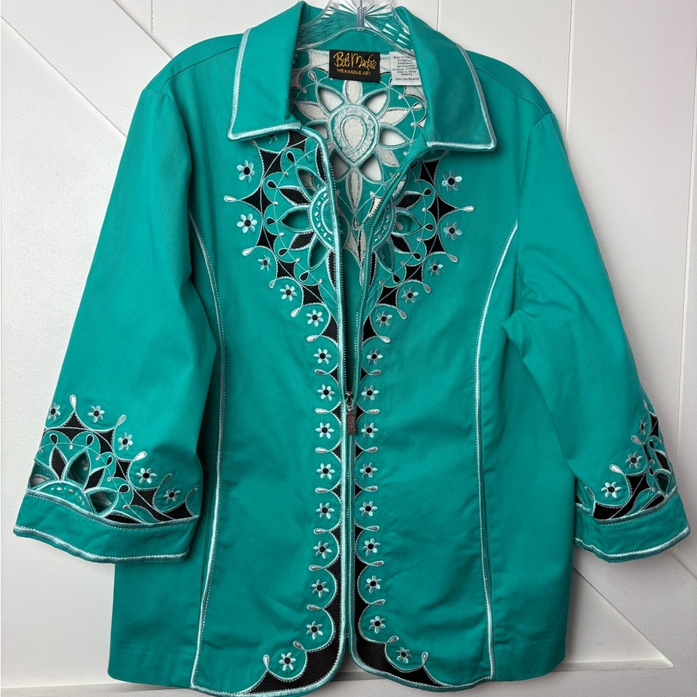BOB MACKIE Wearable Art‎ Turquoise Embroidered Floral Jacket L